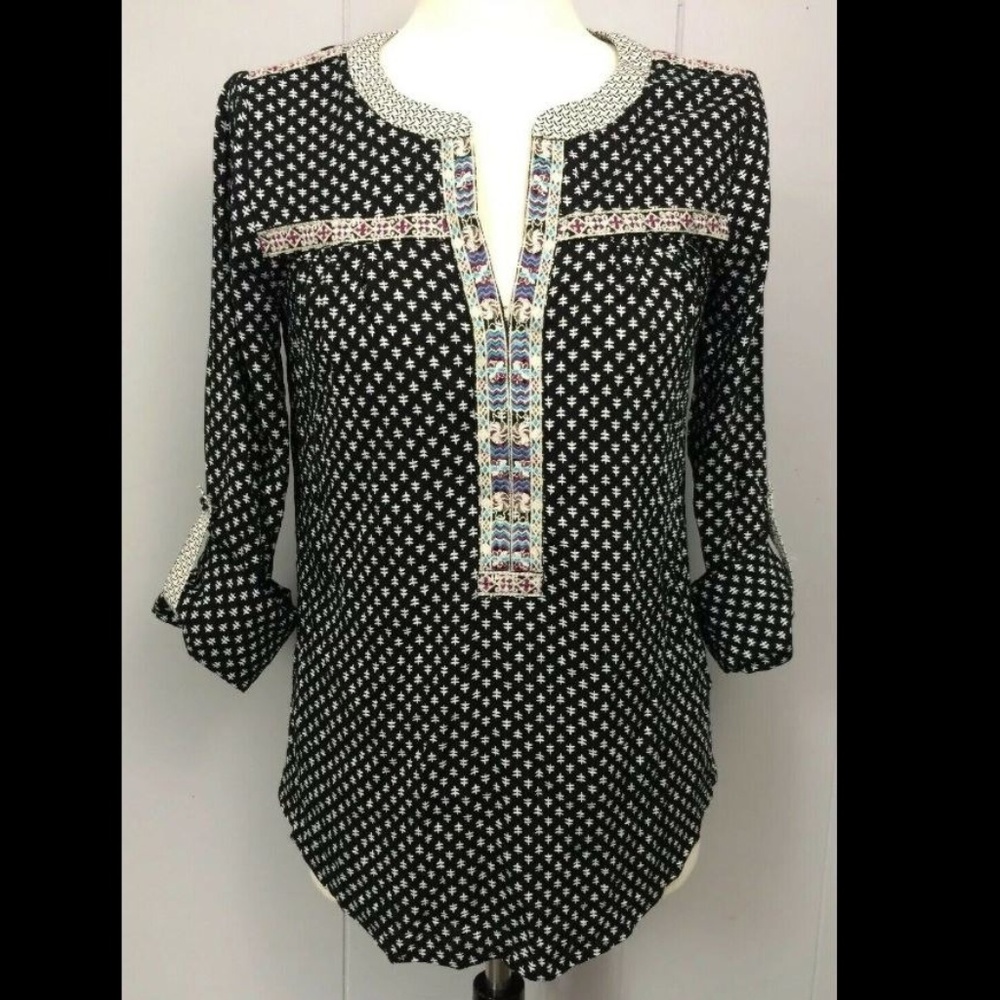 Skies Are Blue Boho Print Roll Cuff Tunic Top XS